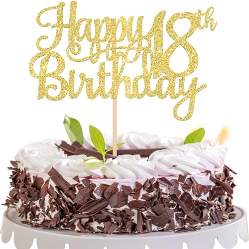 1 PCS Happy 18th Birthday Cake Topper Gold Glitter Cheers to 18 Years Birthday Cake Pick 18 Fabulous Cake Decoration for Happy 18th Birthday Theme Party Decorations Supplies (Gold / 18th)