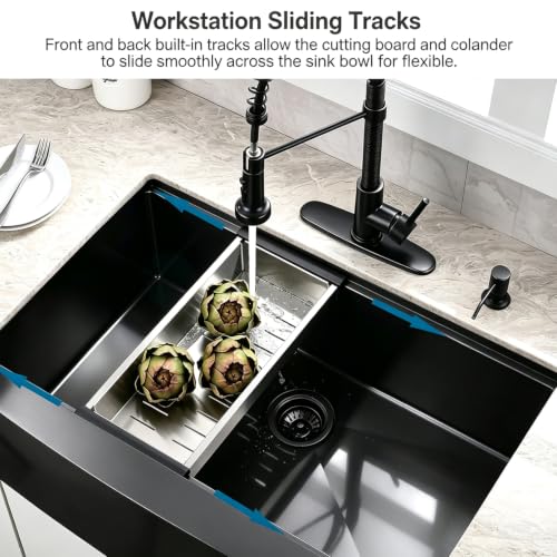 33 Inch Black Farmhouse Sink Workstation (33"L x 22"W x 10"D / Matte Black)
