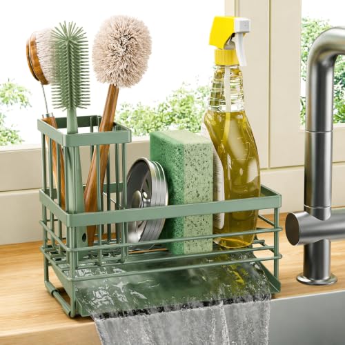 Sink Caddy Sponge Holder for Kitchen with Brush Holder and Stainless Steel Self Drain Tray (8.26'' / Sage Green)