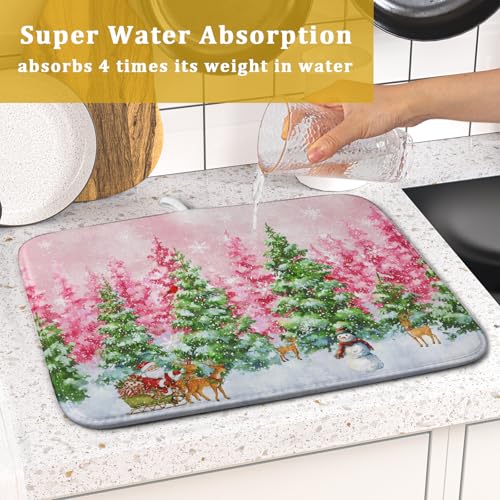 Pink Christmas Dish Drying Mat for Kitchen Counter Absorbent Dish Dry Pad (Winter Forest Colorful / 18" x 16")