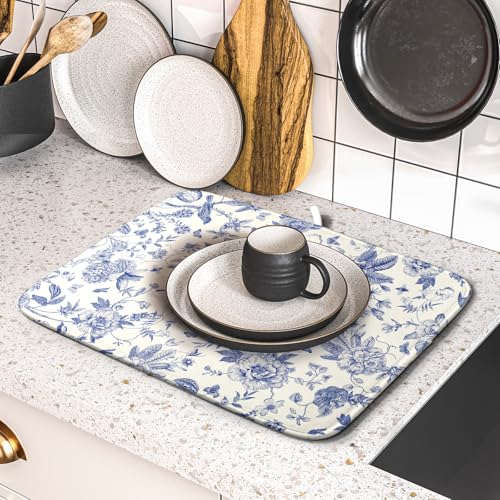 Chinoiserie Flower Dish Drying Mat Blue Leaves Dishes Drying Pad Reusable Washable Kitchen Countertop Protector Dish Drainer Mat 16x18 Inch (Chinoiserie Flower / 16" x 18")