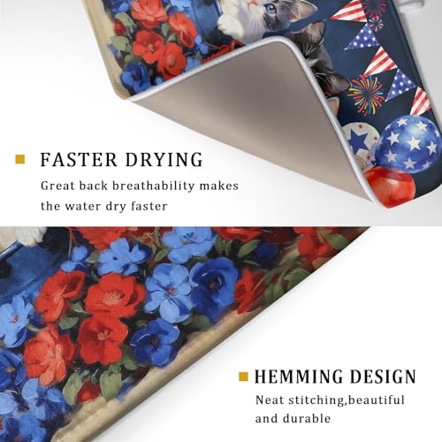 4th of July Drying Mat for Kitchen Counter 18 X 24 in Patriotic Printed Dish Drying Pad (Patriotic Cat Blue / 24" x 18")