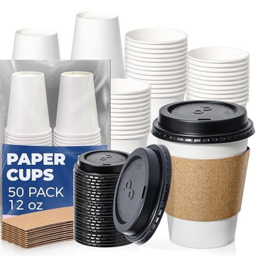 50 Pack 12 oz Disposable Coffee Cups with Lids (12 oz)
