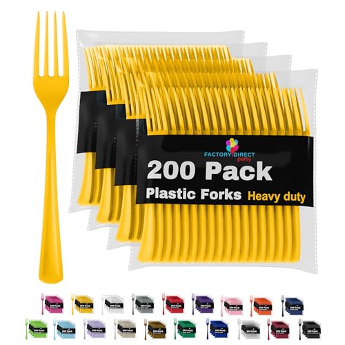 Yellow Plastic Forks 200 Pieces Yellow Forks Disposable Utensils Heavy Duty Plastic Cutlery Set Disposable Cutlery Sets Flatware Sets Silverware Set Party Supplies & Party Tableware (Yellow / Forks)