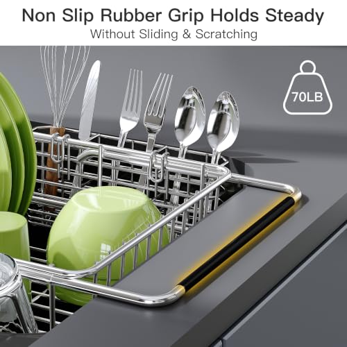 Stainless Steel Dish Drying Rack in Sink with Metal Utensil Holder (Silver / For 12"-30"w Sink, with Metal Utensil Holder)