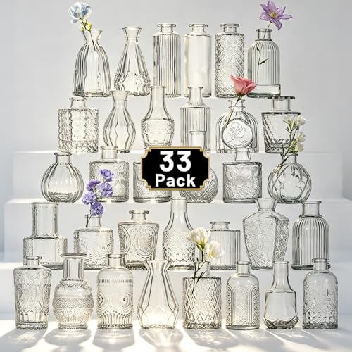 Glass Bud Vase Set of 33 Pcs Small Minimalist Vases for Flowers (Clear)