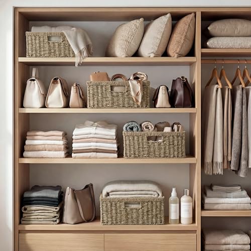 Wicker Storage Baskets for Shelves (Natural (Seagrass) / 15"L x 11"W x 6¾"H)
