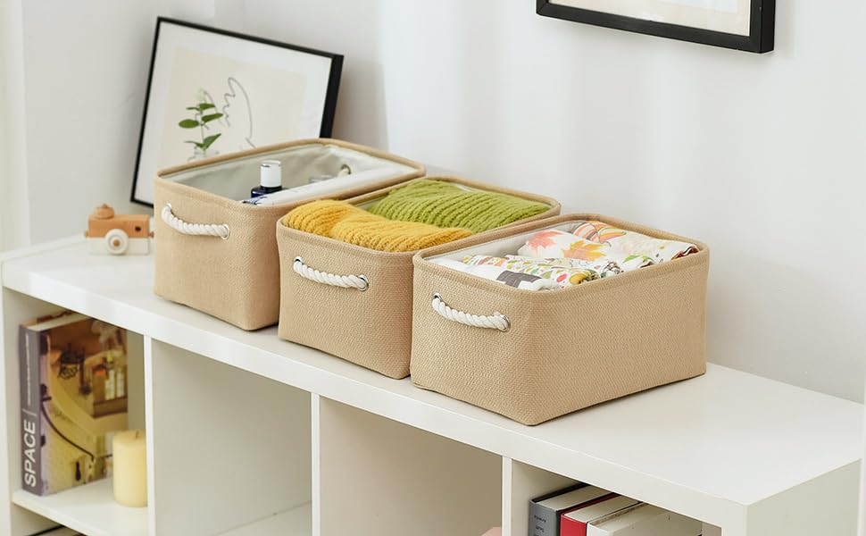 Storage Bins for Shelves (Beige / 3PCS/Medium -13.8Lx9.8Wx6.7H)