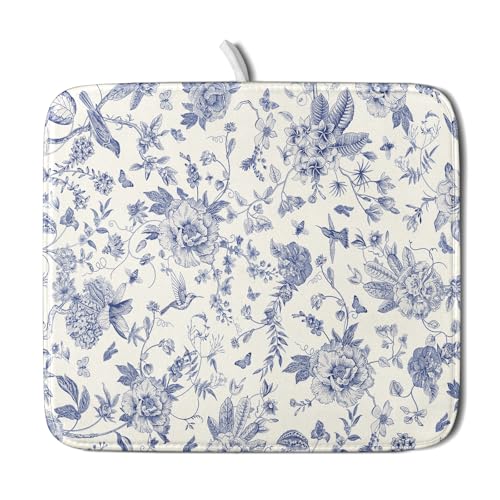 Chinoiserie Flower Dish Drying Mat Blue Leaves Dishes Drying Pad Reusable Washable Kitchen Countertop Protector Dish Drainer Mat 16x18 Inch (Chinoiserie Flower / 16" x 18")