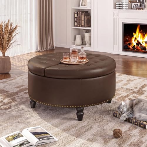31.5 Inch Large Round Ottoman with Storage Circular (Chocolate)