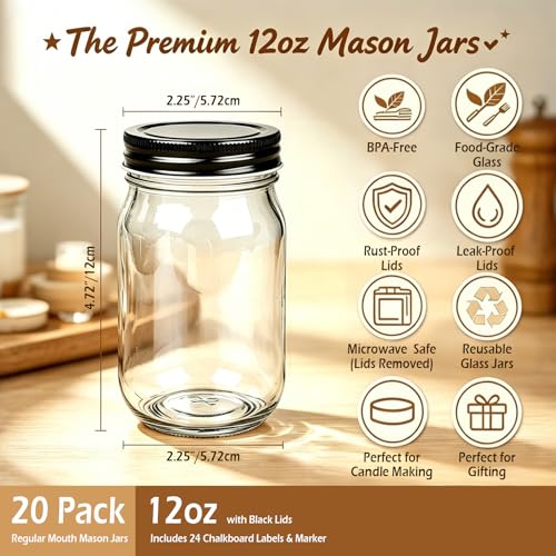 20 Pack Mason Jars (12oz - Black Lid)