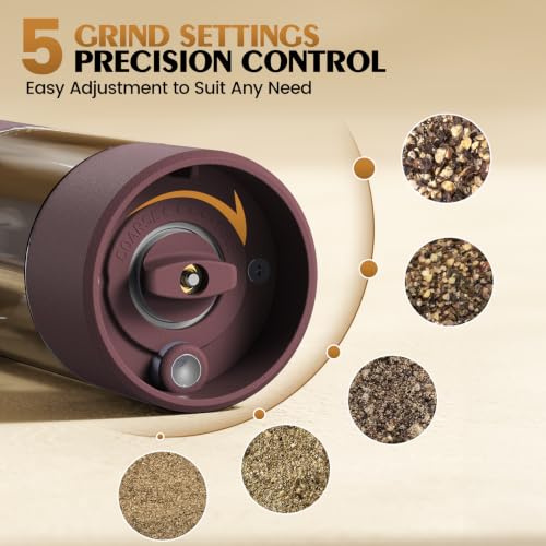 Electric Salt and Pepper Grinder Set Automatic Battery Pepper Mill Shakers Adjustable Coarseness Upgraded Larger Capacity with Led Home and Kitchen Appliances (Burgundy)