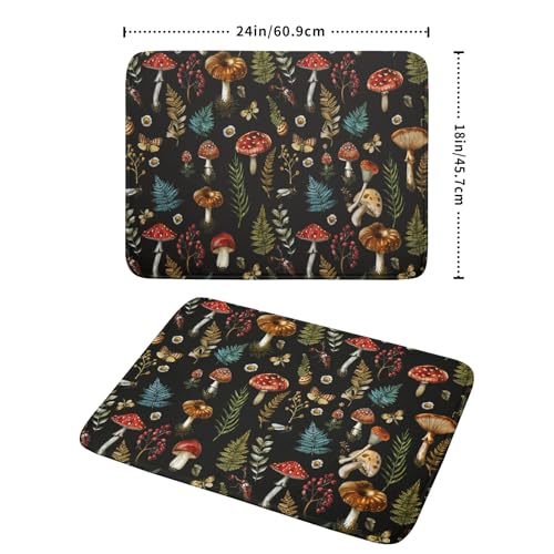 Natural Botanical Dish Drying Mat Mushroom Fern Leaves Berry Drainer Mat Black Drying Pad for Countertop 18 X 24 Inch (Mushroom - Black / 24" x 18")