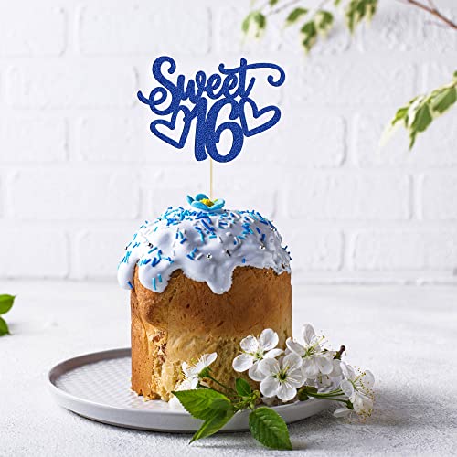 1Pc Sweet Teenager 16 Cake Topper Glitter 16th Birthday Cake Pick for Cheers to 16 Years Old 16th Birthday Party Cake Decorations Supplies Blue