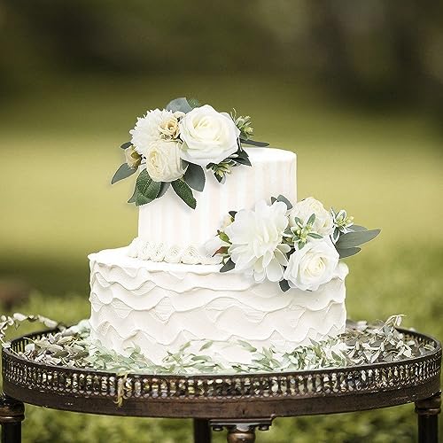 3Pcs Pre made Cake Flowers Toppers White Green Cake Decorations Wedding Cake Decorating Flowers Decor Birthday Baptism Party Cake Topper (3 Count)
