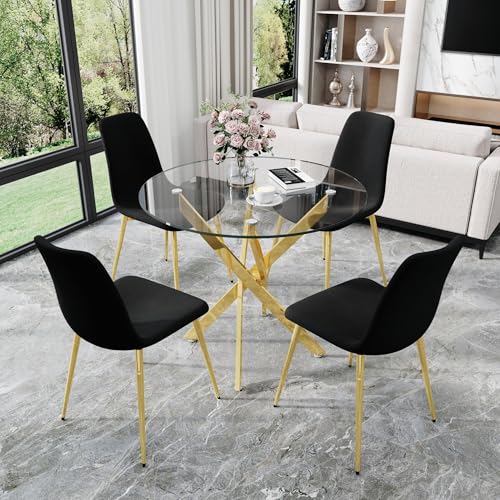 36" Round Glass Dining Table Set for 4 (Gold Round Table/Black Velvet Chairs / 5 Pieces)