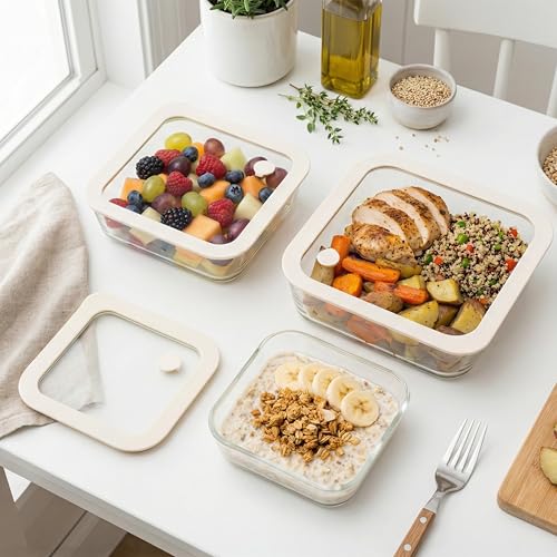Glass Food Container Set with Glass Lid (White Sand-SQ-3p)