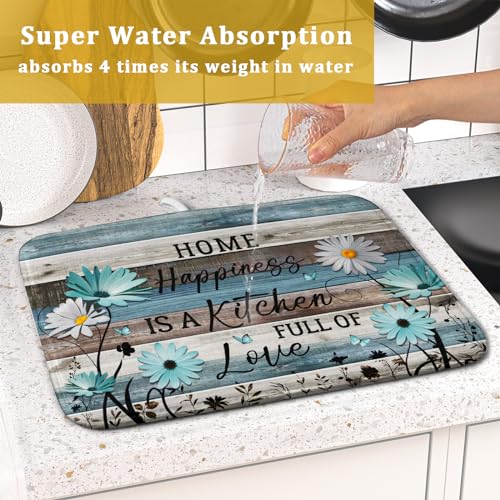Daisy Floral Dish Drying Mat 16x18 Inches Rustic Wood Microfiber Absorbent Reversible Dish Draining Pad Fast Dry Kitchen Accessories (Home Happiness Wood / 16" x 18")