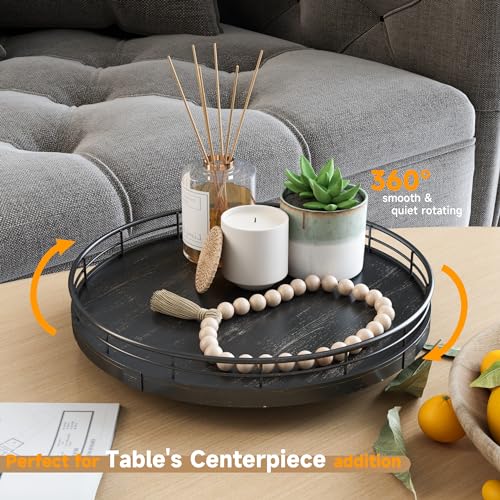 10 Inch Oak Lazy Susan Vanity Tray with Black Brushed Gold Rail