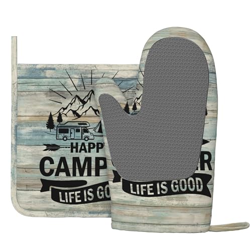 Happy Camper Oven Mitts and Pot Holders Sets of 4 (One Size / Silicone Camper)
