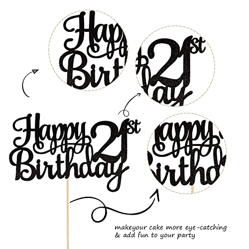 1 PCS Happy 21st Birthday Cake Topper Glitter Cheers to 21 Years Cake Pick 21 Fabulous Cake Decoration for 21st Birthday Party Decorations Supplies Black (Black / 21st)