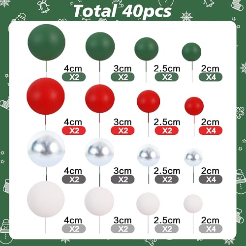 40 Pcs Ball Cake Toppers Red Green White Silver Sticks Foam Balls DIY Cake Topper Insert Balls Cake Decorations for Baking Christmas Party Decorations (40-red Green White Silver)