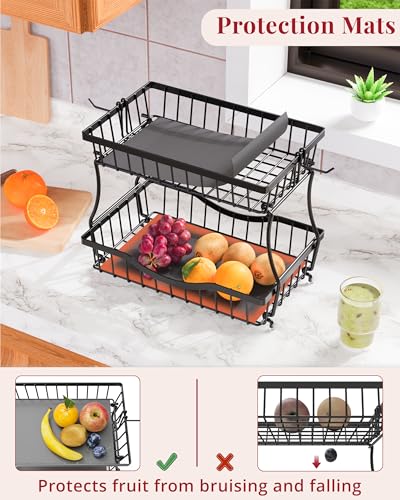Large 2 Tier Fruit Basket for Kitchen Counter with 2 Banana Hangers (Black)