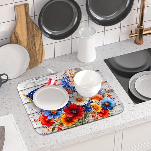 4th of July Dish Drying Mat 16x18 inch Patriotic Floral Fast Dry Microfiber Reversible Dish Drainer Rack Pad Kitchen Counter Accessories (Patriotic Floral / 16" x 16")