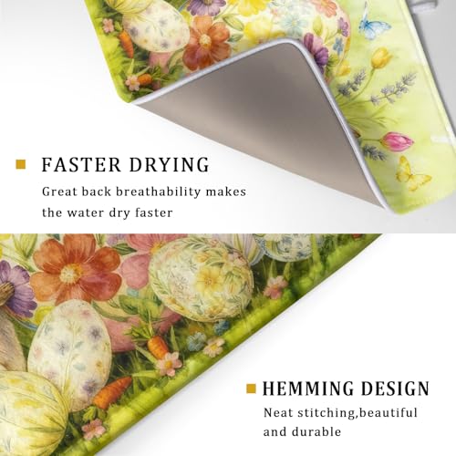 Easter Egg Dish Drying Mat 18x24 Inch Bunny Floral Green Drying Pad for Kitchen Counter Washable (Spring Bunny Green / 24" x 18")