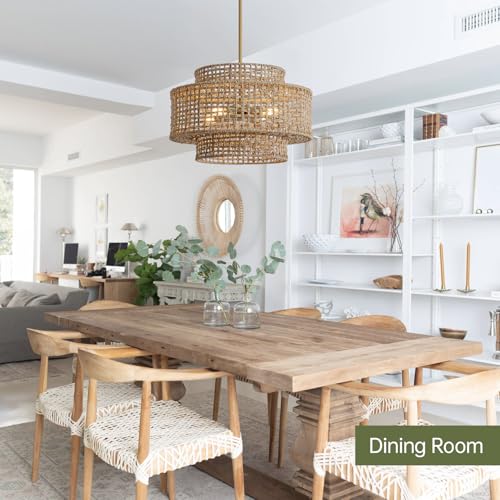 17.7" Rattan Chandelier for Dining Room (Gold / 17.7" 4-Light)