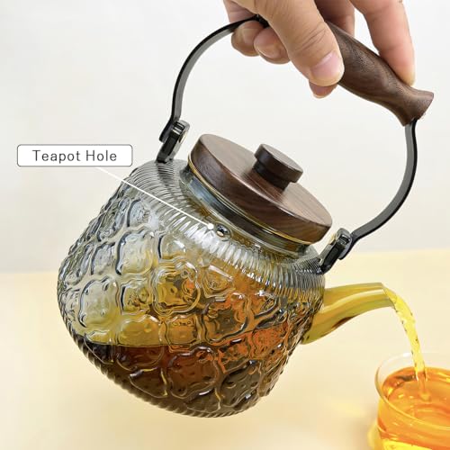Stovetop Safe Glass Teapot with Malus Spectabilis Pattern Removable Infuser Fine Borosilicate Tea Pot perfect for Fruit Flowering Tea Canister Premium Quality Tea Kettle Gift (Gray / 1000ml)