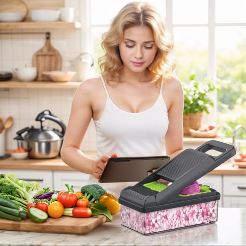 15-in-1 Vegetable Chopper 10 Blades, Veggie Cutter with Handle, Green/Grey (Green / 10 blades)