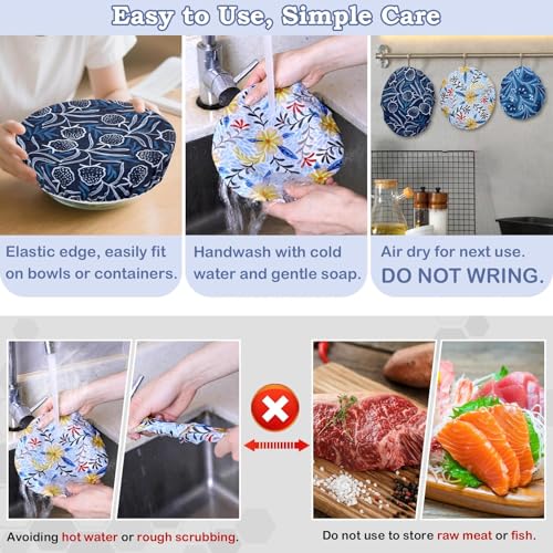 5Pcs Reusable Beeswax Elastic Bowl Covers for Bread Proofing and Food Cover (Blue Floral)