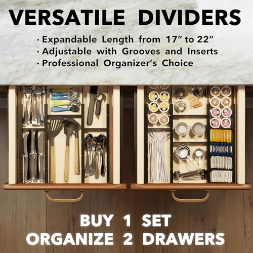 Bamboo Drawer Dividers with Inserts and Labels (2.35''H, 17''-22''L, 10 Dividers / BLACK)
