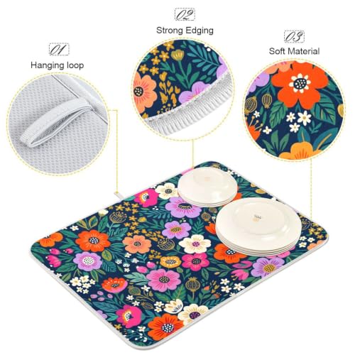 Flower Floral Dish Drying Mat for Kitchen Counter Absorbent Microfiber Drying Pad (18" x 24")