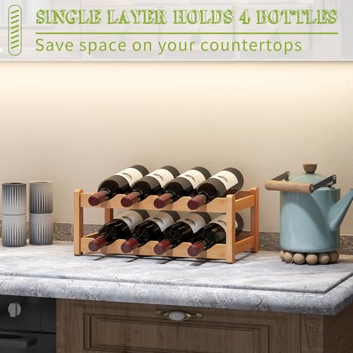 Bamboo Wine Rack Wine Storage Cabinet Shelf 8 Bottle Wine Racks Countertop Sturdy for Kitchen Dining Room Pantry (Natural / 2 Tier)