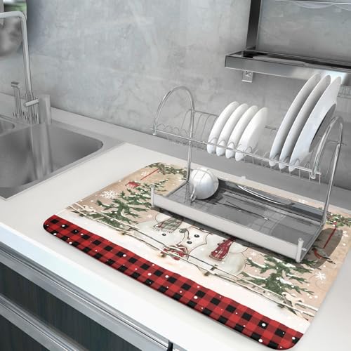 Winter Snowman Dish Drying Mat 18x24 Inch Red Buffalo Plaid Holiday Dish Drainer Mat Absorbent Dish Rack Pad for Kitchen Counter Sink Decor (Winter Snowman Bell / 24" x 18")