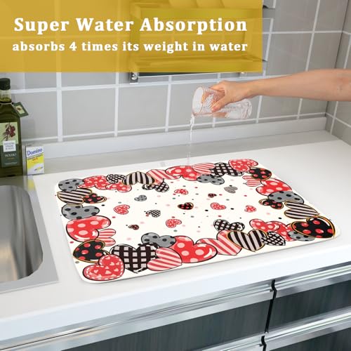Red Heart Dish Drying Mat 18"x24" Love Dots Microfiber Dish Drainer Rack Mat Holiday Absorbent Fast Dry Pad for Kitchen Counter Home Decor (Heart Dots / 24" x 24")