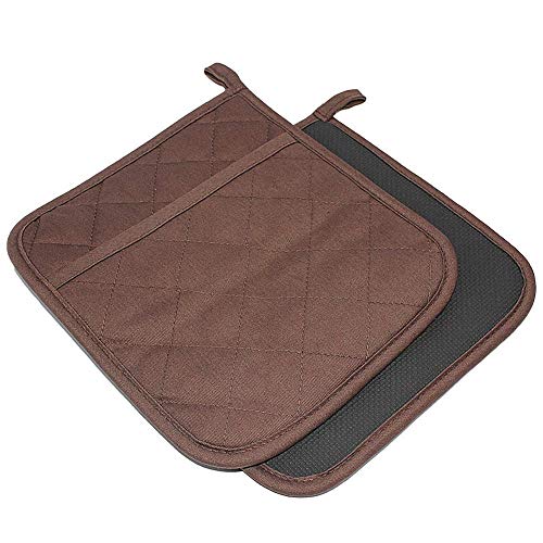 2Pcs Cotton and Neoprene Oven Pads Pot Holders with Pocket 8"x8.5" Dual (Brown)
