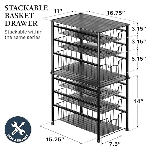 Stackable 3 Tier Sliding Basket Organizer Drawer (3-tier / Black)