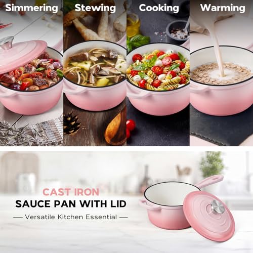 1QT Enameled Cast Iron Saucepan with Lid (Pink / 1 Quarts)