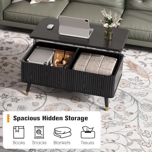 Black Lift Top Coffee Table with Storage for Living Room (Solid Black)