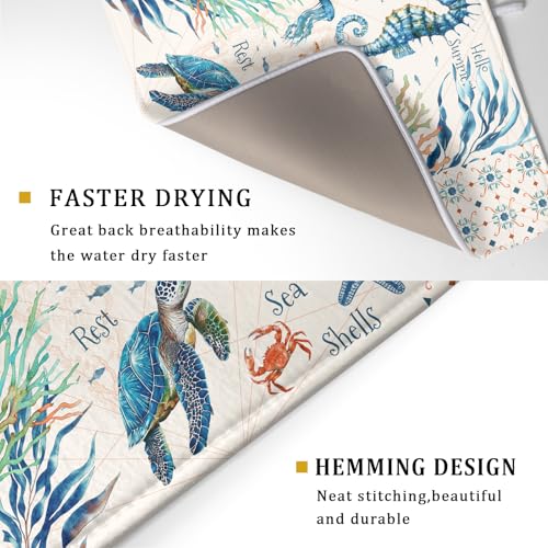 Nautical Coastal Dish Drying Mat Sea Turtle Seahorse Dish Drainer Pad 18"x24" Microfiber Reversible Fast Dry Pad for Kitchen Counter Decor (Coral Turtle / 18" x 24")
