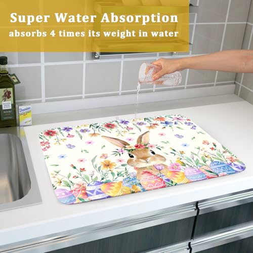 Easter Rabbit Dish Drying Mat Spring Flower Dish Drainer Rack Mats 18x24 inch Absorbent Microfiber Fast Dry Pad Kitchen Counter Accessories (Easter Rabbit Floral / 24" x 18")