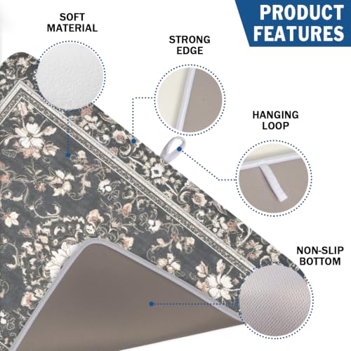 Boho Floral Dish Drying Mat Grey Leaves Dishes Drainer Pad 18x24 Inch Microfiber Absorbent Kitchen Dry Rack Mat for Counter Tableware Decor (Grey Boho Floral / 18x24 inch)