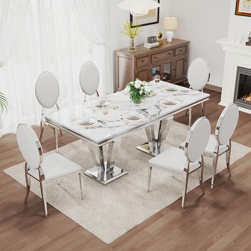 7 Piece Luxury Dining Room Set (Silver White + White / Dining Table + 6 Rund Chairs)