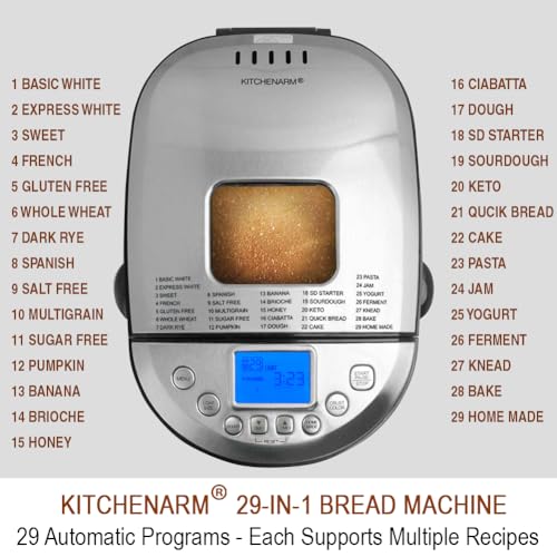29-in-1 SMART Bread Machine with Gluten Free Setting 2LB 1.5LB 1LB Bread Maker Machine with Homemade Cycle - Stainless Steel Breadmaker with Recipes Whole Wheat Bread Making Machine (29 Programs - 3 Loaf Sizes - 3 Crust Colors / Stainless Steel)