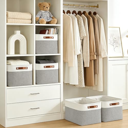 Storage Bins Large Fabric Storage Baskets for Shelves 3 Pack (Gray / Off-White / Large -15"x11"x9.5")