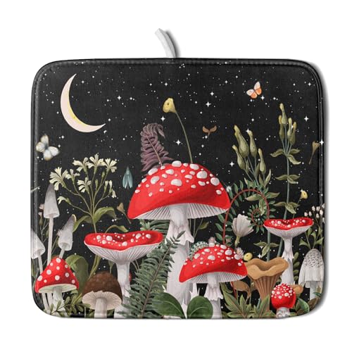 Red Mushroom Dish Drying Mat for Kitchen Counter Plant Leaves Drainer Mats Rack Holder Countertop Absorbent Microfiber Coffee Pads 16x18 Inch (Red Mushroom / 16" x 18")