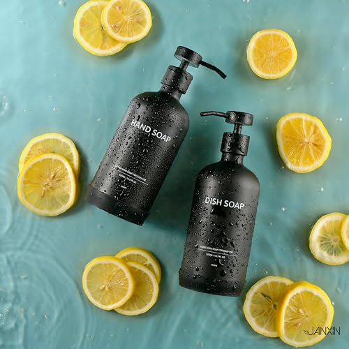 Glass Kitchen Soap Dispenser Set with Ceramic Tray (Black Bottles +Black Pumps)